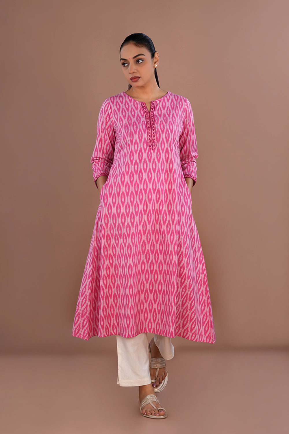 Image of Embroidered Cotton Pochampally Ikat Kurti
